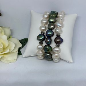 A set of 3 baroque cultured freshwater pearl bracelet. 11-13 mm with Bali beads